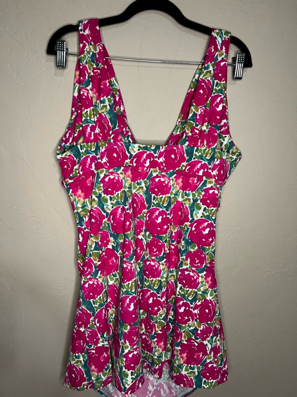 Garnet Hill Pink Rose Floral Deep V Neck One Piece Modest Dress Swimsuit - Picture 10 of 11